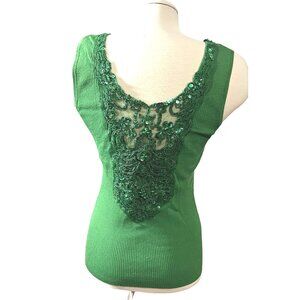 Tara Ryan Vintage Green Sequin Ribbed Knit Sleeveless Blouse Sz Small Gorgeous S
